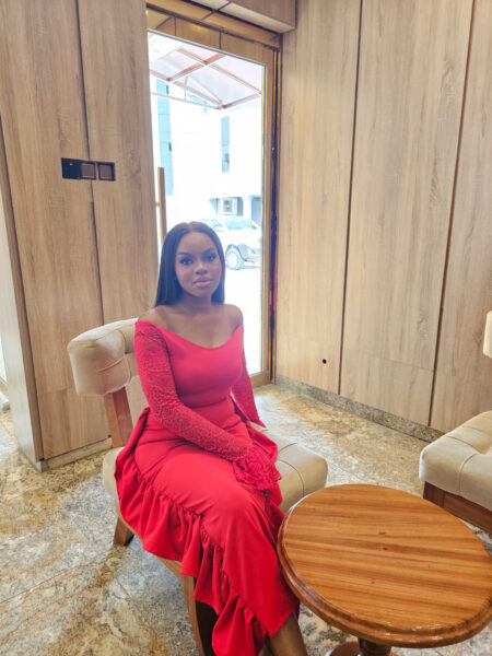 RED SIDE RUFFLE LACE SLEEVE MAXI DRESS