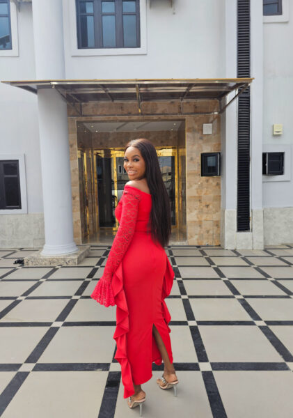 RED SIDE RUFFLE LACE SLEEVE MAXI DRESS - Image 3