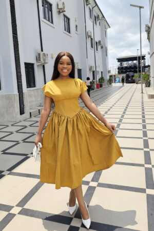 MUSTARD CORSET MIDI DRESS