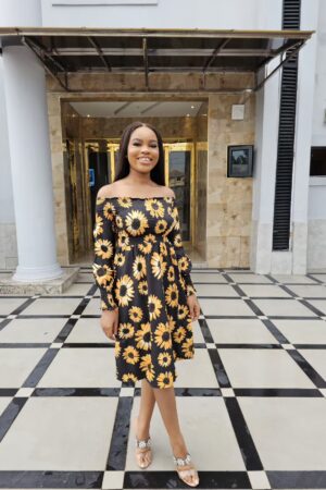 SUNFLOWER SHIRRED BARDOT DRESS