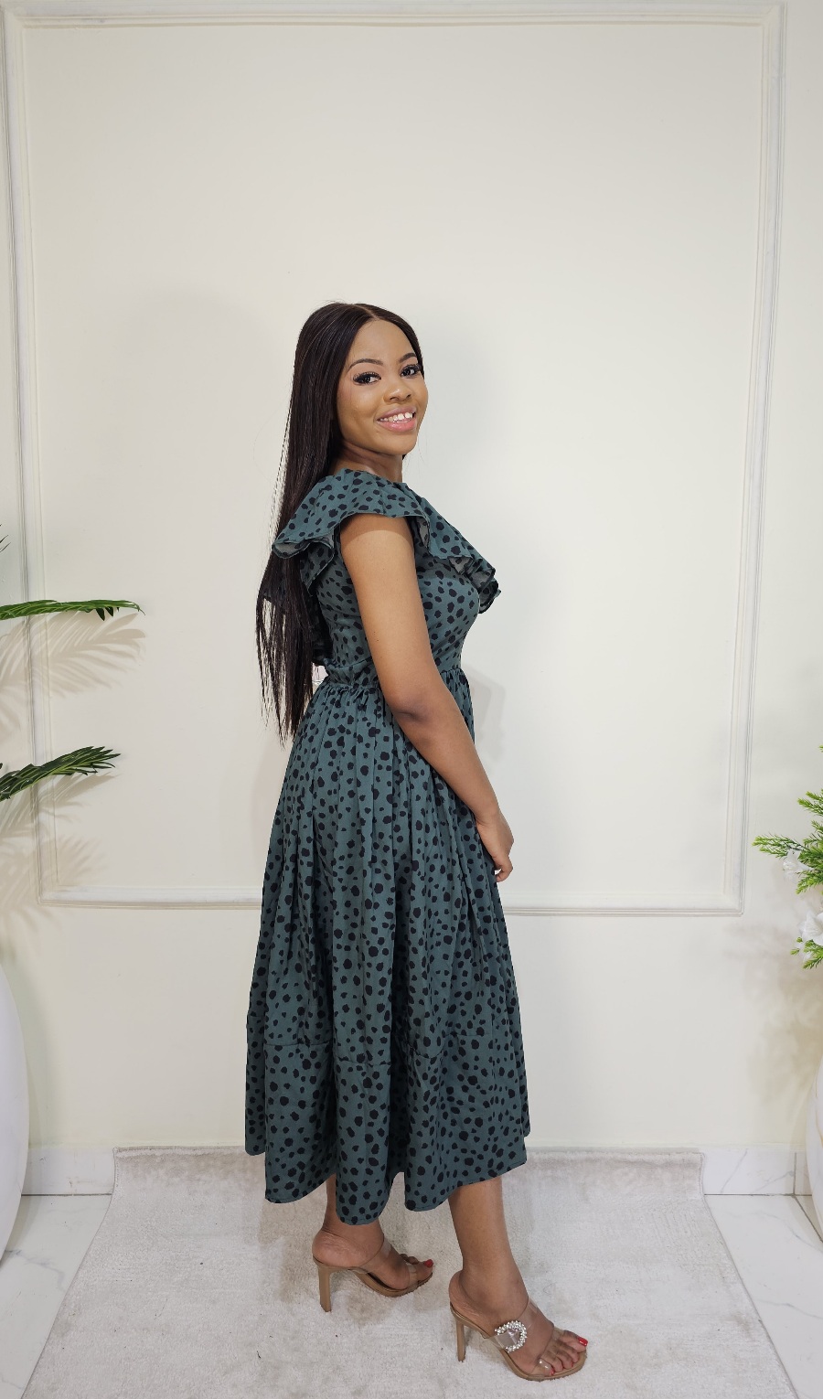 GREEN DOTTED ONE SHOULDER DRESS - Image 2