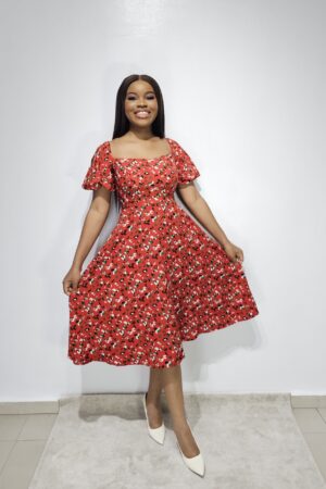 RED SKATER SQUARE NECK LINE DRESS