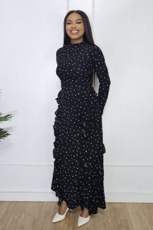 BLACK PRINT RUFFLE MAXI DRESS
