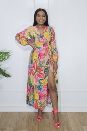 FLORAL MAXI WRAP BELL SLEEVES DRESS