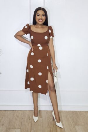 BROWN POLKA DOT SLIT DRESS