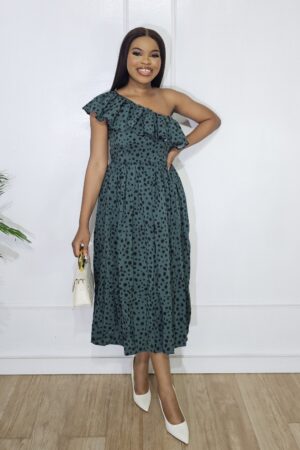 GREEN DOTTED ONE SHOULDER DRESS