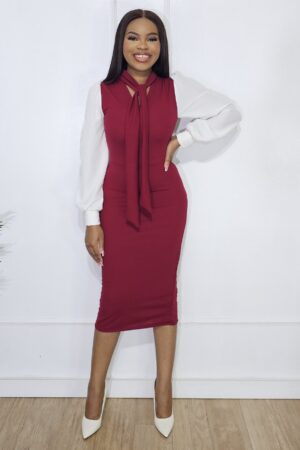 MAROON DRESS WITH WHITE SLEEVES